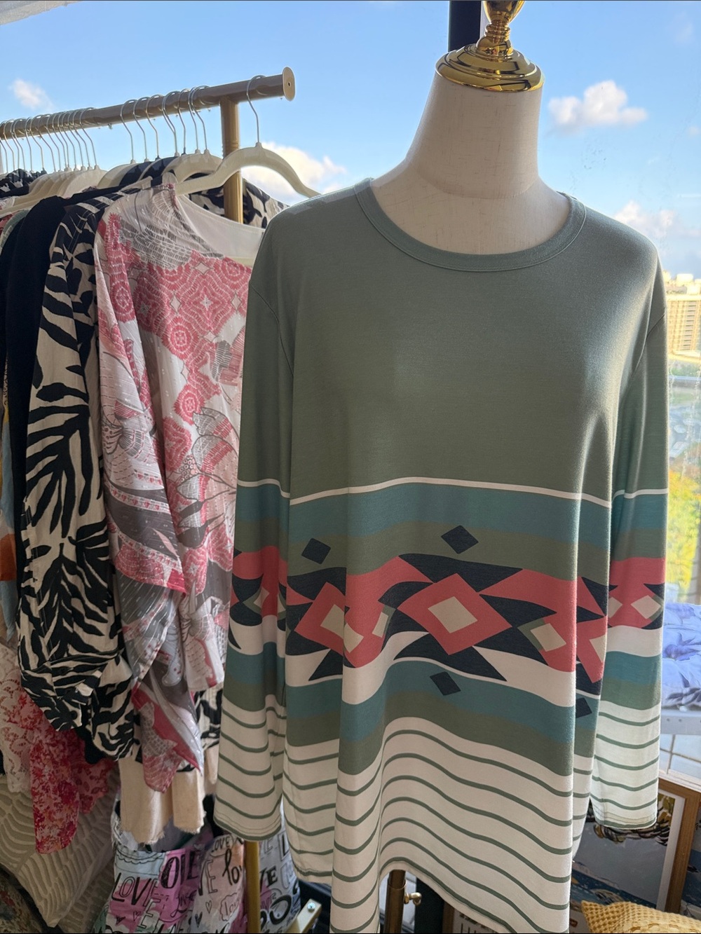 Southern Stitch Women's Sage Aztec Stripe Tunic Top